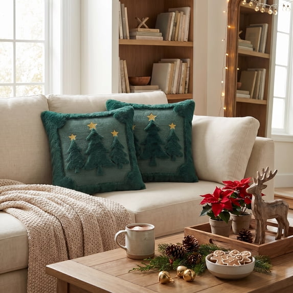 Sm:)e Green Christmas Tree Star Faux Fur Embroidered Plush Pillow Covers 18x18 Inch Set of 2, Cushion Covers for Sofa Home Decor