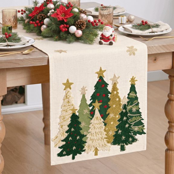 Sm:)e Green and Gold Christmas Tree Soft Chain Embroidery Christmas Table Runner, 13x72 Inch, Seasonal Winter Christmas Kitchen Dining for Holiday Party Decor, Beige
