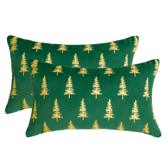 Sm:)e Green Pine Tree Velvet Christmas Throw Pillow Covers 12x20 Inch Set of 2, Gold Foil Print Luxury Decorative Cushion Covers for Sofa Home Decor