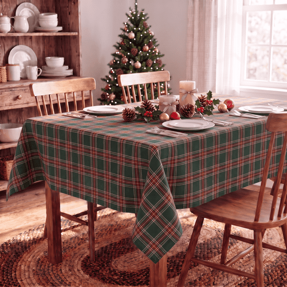 Sm:)e Green Royal Stewart Tartan Plaid Tablecloth, Rectangle 55x84 Inch, Machine Washable Classic Check Table Cover for Christmas Dinner/Party Decoration/Holiday
