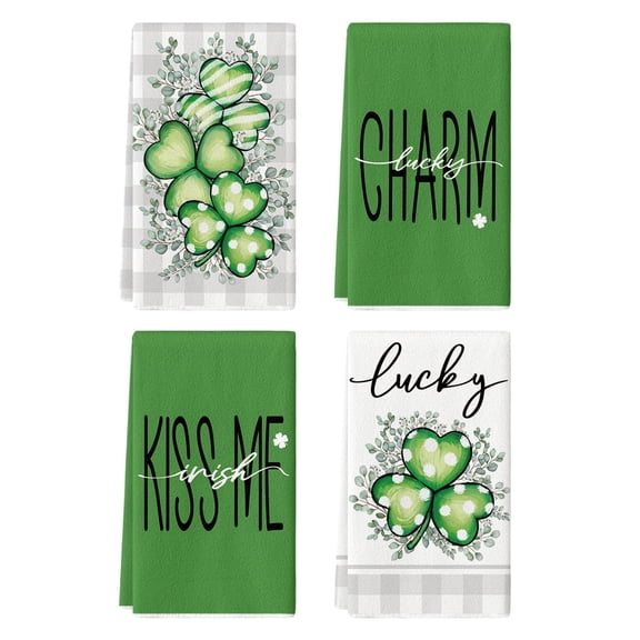 Sm:)e Green Shamrock Charm Lucky Eucalyptus Saint Patricks Day Kitchen Dish Towels 18x26 Inch Set of 4