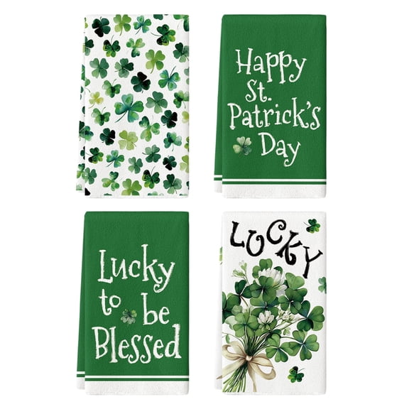 Sm:)e Green Shamrock Floral Clover Saint Patricks Day Kitchen Dish Towels 18x26 Inch Set of 4