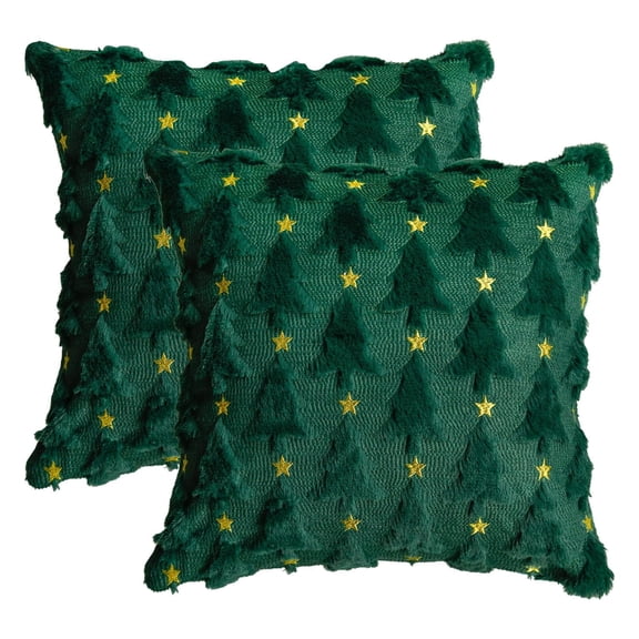 Sm:)e Green Star Pine Tree Christmas Pillow Covers 18x18 Inch Set of 2, Faux Fur Soft Cushion Cover for Sofa Winter Home Decor