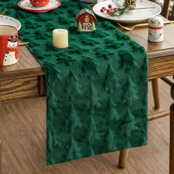 Sm:)e Green Tree Christmas Table Runner 13x72 Inch, Soft Plush Faux Fur Mantel Kitchen Dining Table Decor, Winter Xmas Party Decor