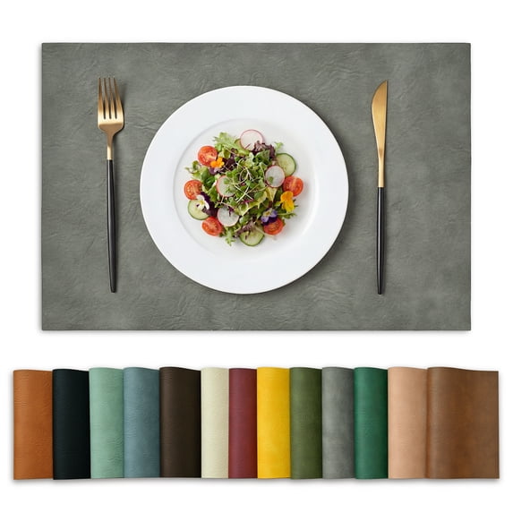 Sm:)e Grey Faux Leather Placemats Set of 4, 12x18 Inch, Waterproof Oil-Proof Wipeable PU Place Mats, Heat Resistant Reversible Table Mats for Kitchen, Dining, Outdoor