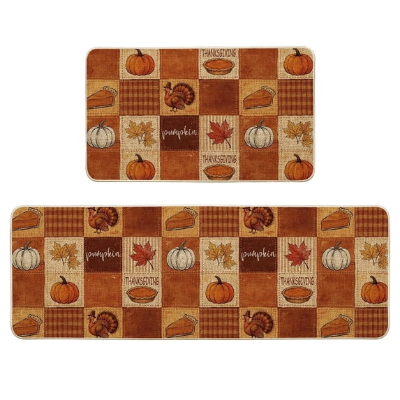 Sm:)e Grid Turkey Pumpkin Maple Leaf Thanksgiving Kitchen Rugs and Mats, 17x29Inch and 17x47 Inch, Non Slip Linen Mat Inside Washable for Porch Patio Hallway