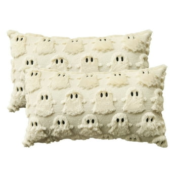 Sm:)e Halloween Goost Plush Faux Fur Jacquard Throw Pillow Cover 12x20 Inch Beige, Set of 2 Silky Soft Seasonal Cushion Case for Sofa Couch