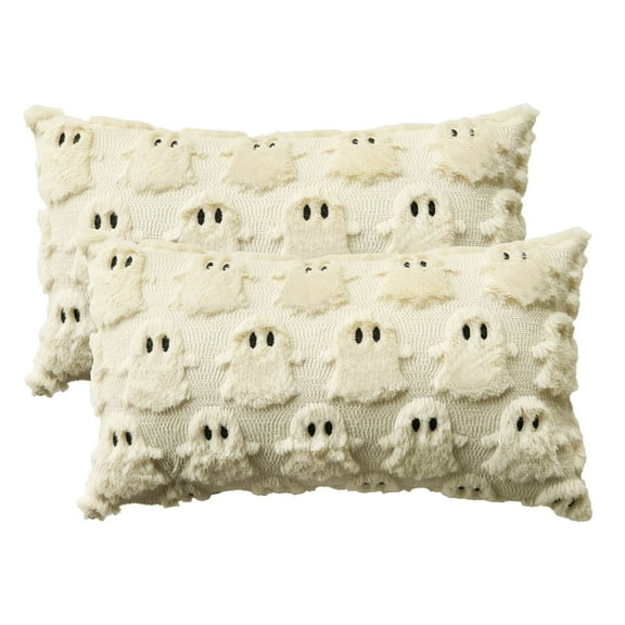Sm:)e Halloween Goost Plush Faux Fur Jacquard Throw Pillow Cover 12x20 Inch Beige, Set of 2 Silky Soft Seasonal Cushion Case for Sofa Couch
