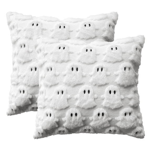 Sm:)e Embroidered Goost Plush Faux Fur Jacquard Halloween Throw Pillow Cover 18x18 Inch White, Set of 2 Silky Soft Cushion Case for Sofa Couch