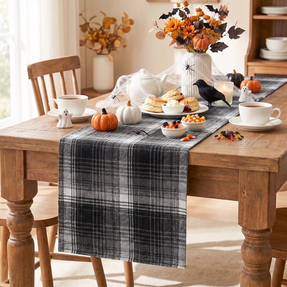 Sm:)e Rustic Farmhouse Plaid Halloween Table Runner 13x48 Inch, Black Grey Check Dining Decor