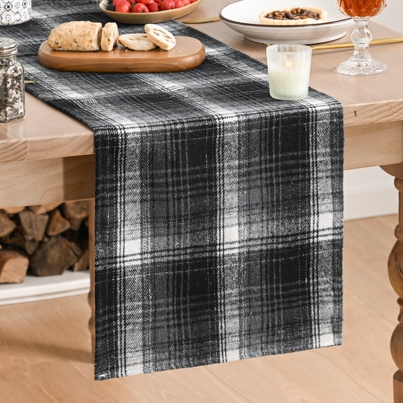 Sm:)e Halloween Rustic Farmhouse Plaid Table Runner 13x48 Inch, Black Grey Check Dining Decor