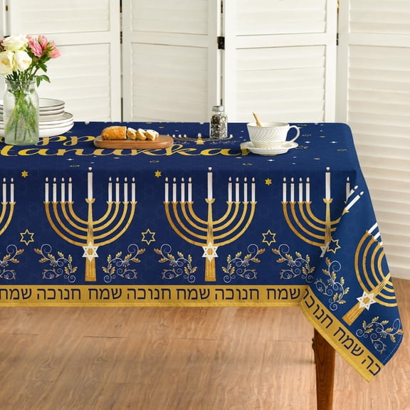 Sm:)e Hanukkah Tablecloth 60x84 Inch, Candles Jewish Chanukah Menorah Festival Blue Washable Table Cover for Party Picnic Dinner Decor