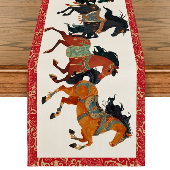 Sm:)e Happy 2026 Chinese New Year Table Runner Chinese Zodiac Year of the Horse - Spring Festival Kitchen & Dining Table Decoration for Family Gatherings & Holidays 13×72 Inch