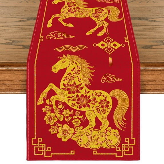 Sm:)e Happy 2026 Chinese New Year Table Runner Chinese Zodiac Year of the Horse - Spring Festival Kitchen & Dining Table Decoration for Family Gatherings & Holidays 13×36 Inch