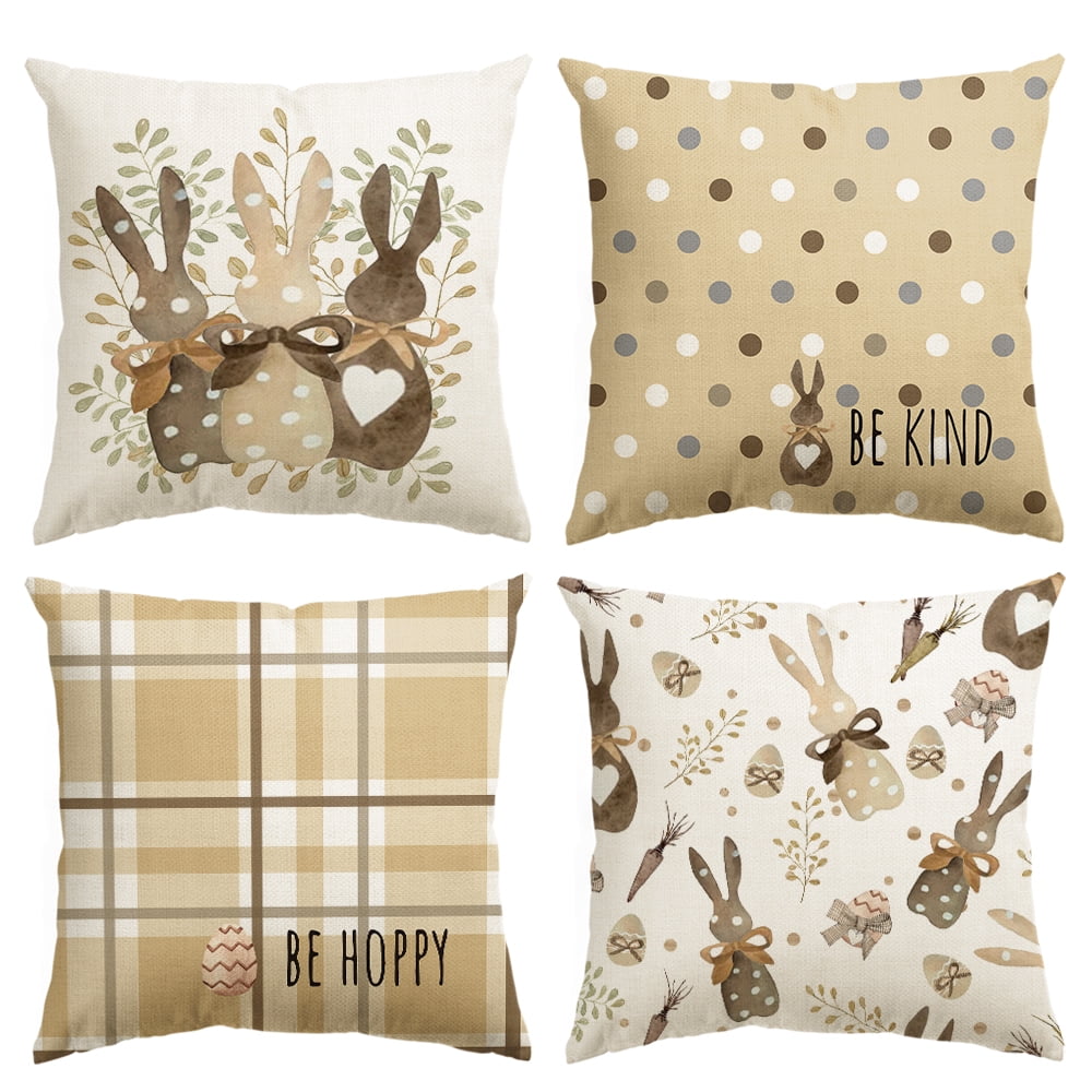 Sm)e Happy Easter Buffalo Plaid Brown Rabbits Throw Pillow Covers, 18