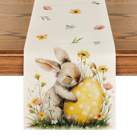Sm:)e Happy Easter Table Runner Bunny Eggs Floral Spring Holiday Farmhouse Kitchen Indoor Outdoor Decoration 13 x 72 Inch