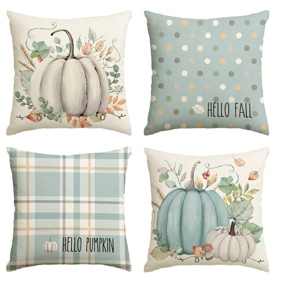 Sm:)e Hello Fall Hello Pumpkin Throw Pillow Covers Set of 4, 20x20 Inch Autumn Thanksgiving Harvest Eucalyptus Blue Sofa Decorations