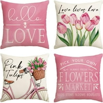 Sm:)e Hello Love Pink Tulips Bicycle Throw Pillow Covers, 18 x 18 Inch Flowers Spring Mother's Day Cushion Case for Sofa Couch Set of 4