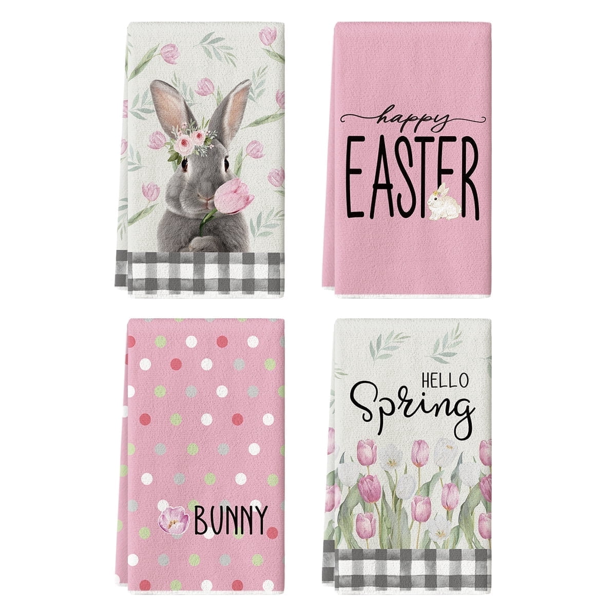 Sm:)e Hello Spring Floral Bunny Happy Easter Kitchen Dish Towels 18x26 ...