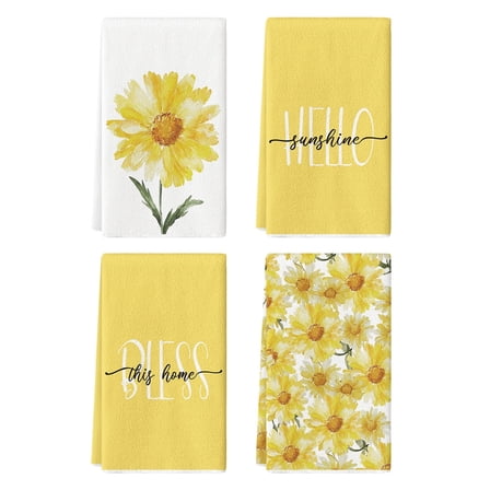 Sm:)e Hello Sunshine Daisy Sping Flowers Kitchen Towels Set of 4, 18x26 Inch, Yellow