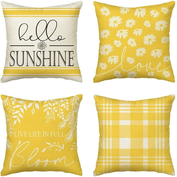 Sm:)e Hello Sunshine Live Life in Full Bloom Daisy Summer Throw Pillow Covers 18 x 18 Inch Set of 4 Yellow Square