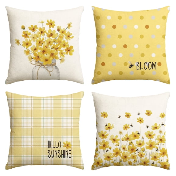 Sm:)e Hello Sunshine Spring Summer Pillow Cover Set of 4 - 18x18 Inch Polyester Decorative Cushions, Yellow