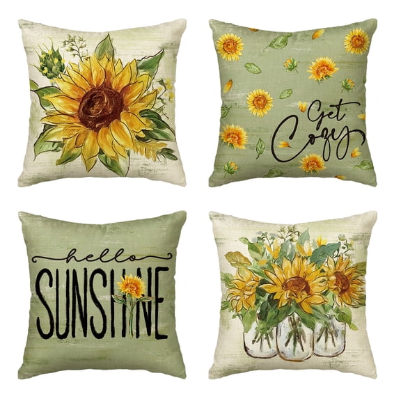 Sm:)e Watercolor Hello Sunshine Sunflower Summer Pillow Cover 18x18 Inch Set of 4, Green