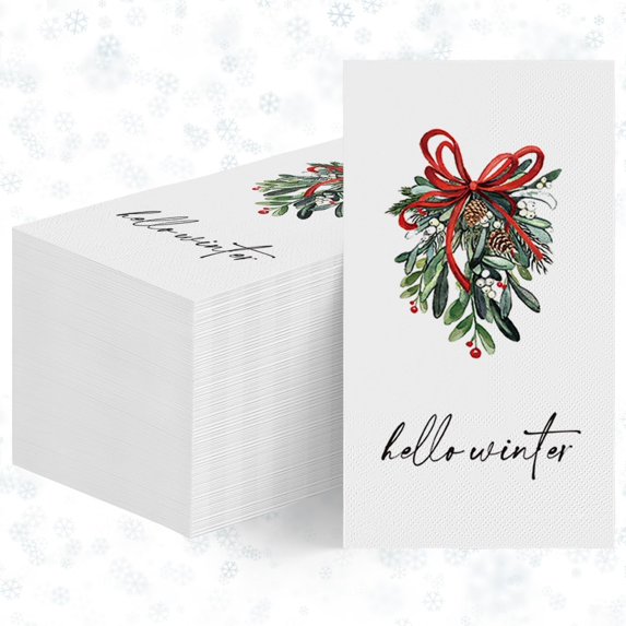 Sm:)e Hello Winter Mistletoe Christmas Paper Napkins 100pcs, for Dining Tables, Soft 2-Ply Highly Absorbent Disposable Party Napkin