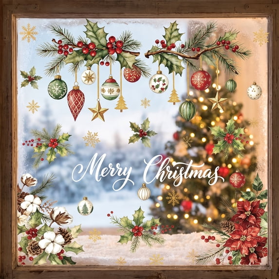 Sticker For Shampoo Sm:)e Holly Pine Poinsettia Snowflakes Christmas Window Sticker 4PC ...