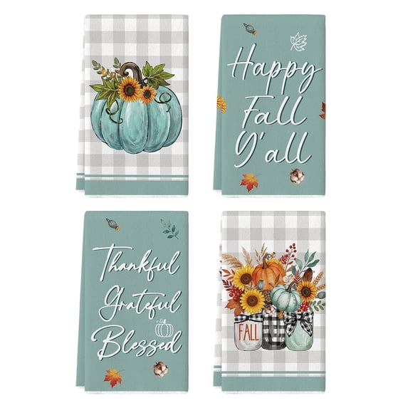 Sm:)e Home Sweet Home Blue Pumpkin Blessed Thankful Grateful Fall Thanksgiving Kitchen Dish Towels Buffalo Plaid 18x26 Inch Set of 4