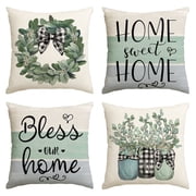 Sme Bless Our Sweet Home Eucalyptus Wreath Throw Pillow Covers 18 x 18 Inch Set of 4 Polyester Outdoor Pillow Case for Sofa Couch
