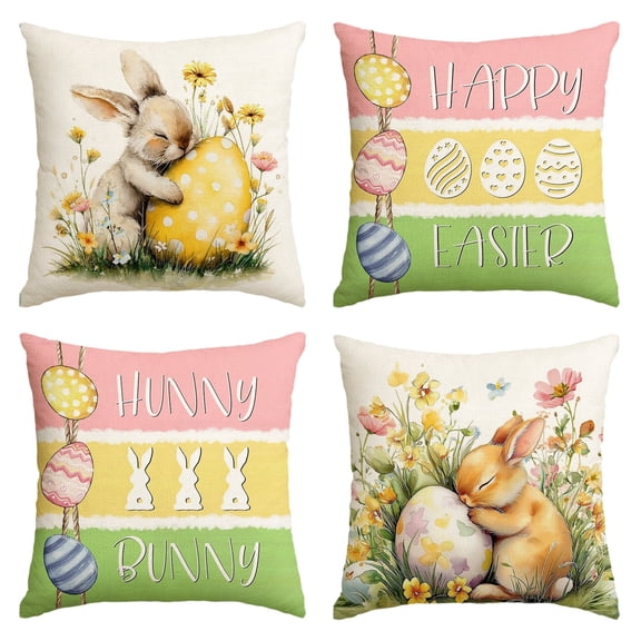 Sm:)e Hunny Bunny Flowers Easter Pillow Cover Set of 4 - 18x18 Inch Polyester Decorative Cushions