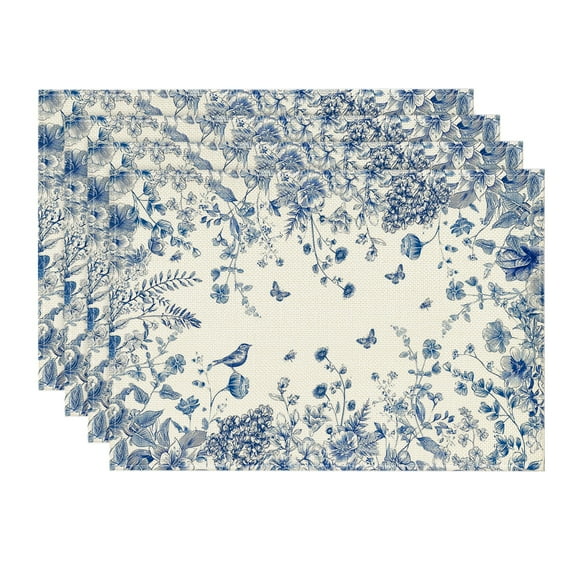 Sm:)e Hydrangea Flowers Branches Chinoiserie Spring Placemats Set of 4, 12x18 Inch Table Mats for Party Kitchen Dining Decoration
