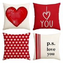Sm:)e I Love You Valentine Throw Pillow Covers Red Set of 4, 18 x 18 Inch Heart Stripes p.s. Love You Cushion Case Decoration for Sofa Couch
