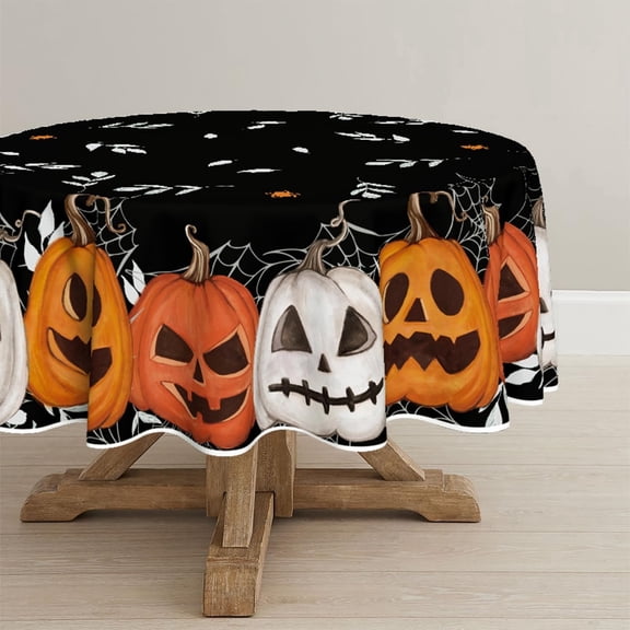 Sm:)e Jack O Lantern Pumpkin Black Halloween Tablecloth Round 60 Inch