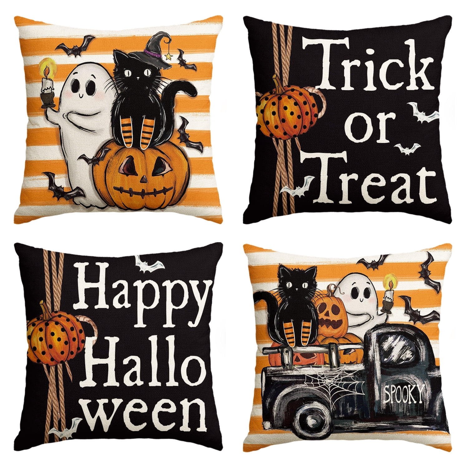 MODOVOS Halloween Pillow Covers Set Of 4 - 18x18 Inch, Jack-O-Lantern Pumpkin Design, Striped, Zipper Closure