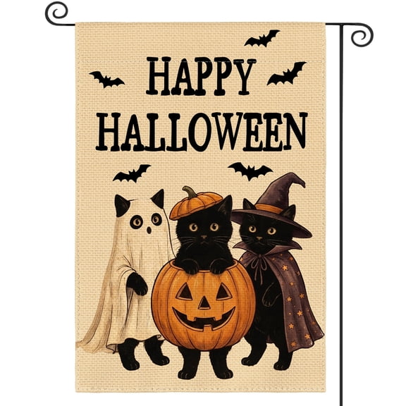 Sm:)e Cats Happy Halloween Garden Flag 12x18 Inch, Double-Sided Printing, Outdoor Welcome Decor for Yards