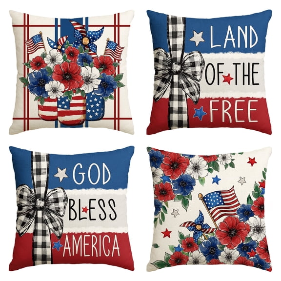 Sm:)e Land of the Free America Flag Flowers 4th of July Throw Pillow Cover 18x18 Inch Set of 4, Polyester Patriotic Outdoor Pillow Case for Sofa Couch