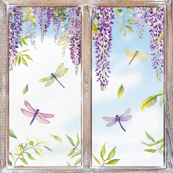 Sm:)e Lavender Dragonfly Spring Summer Window Stickers 4 Sheets 35PCS, Glass Home Classroom Office Shop Display Decoration Reusable Party Supplies