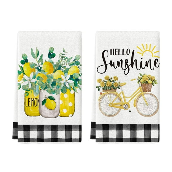 Sm:)e Lemon Bicycle Buffalo Plaid Summer Kitchen Dish Towels 18x26 Inch Set of 2