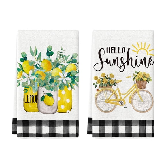 Sm:)e Lemon Bicycle Buffalo Plaid Summer Kitchen Dish Towels 18x26 Inch Set of 2