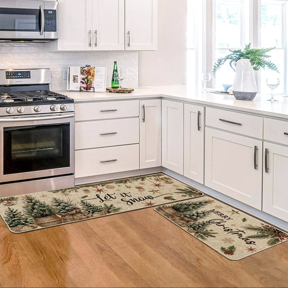 Sm:)e Let It Snow Pine Tree Christmas Kitchen Rugs and Mats, 17x29Inch and 17x47 Inch, Non Slip Linen Mat Inside Washable for Porch Patio Hallway