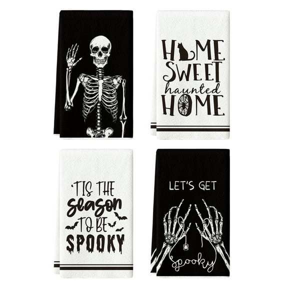 Sm:)e Let's Get Spooky Bones Skeleton Hand Spooky Halloween Kitchen Towels Dish Towels 18x26 Inch Set of 4