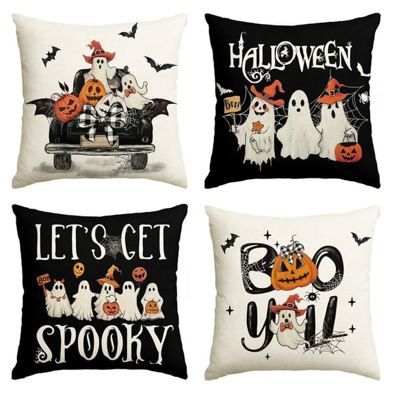 Sm:)e Lets Get Spooky Jack-O'-Lantern Truck Ghost Halloween Throw Pillow Cover 20x20 Inch Decorative Outdoor Cushion Covers Set of 4