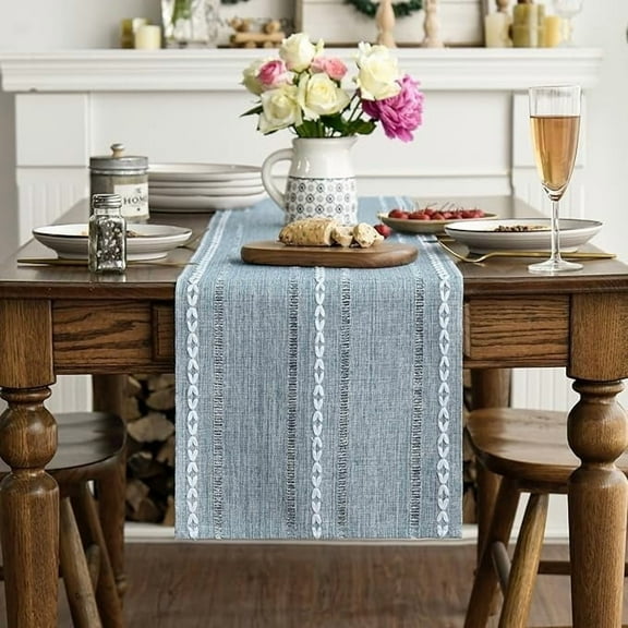 Sm:)e Linen Table Runner for Dining Table 13 x 108 Inch Light Blue Burlap Linen Style Rustic Farmhouse Kitchen Dining Room Decoraton