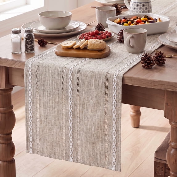 Sm:)e Linen Table Runner for Dining Table 13 x 108 Inch Orange Beige Burlap Linen Style Rustic Farmhouse Kitchen Dining Room Decoraton