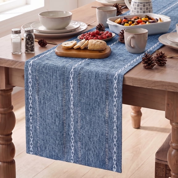 Sm:)e Linen Table Runner for Dining Table 13 x 72 Inch Blue Burlap Linen Style Rustic Farmhouse Kitchen Dining Room Decoraton