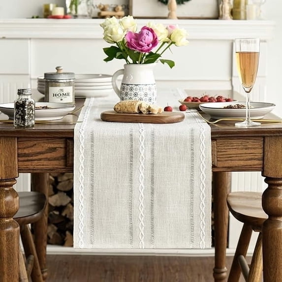 Sm:)e Linen Table Runner for Dining Table 13 x 72 Inch Ivory Burlap Linen Style Rustic Farmhouse Kitchen Dining Room Decoraton