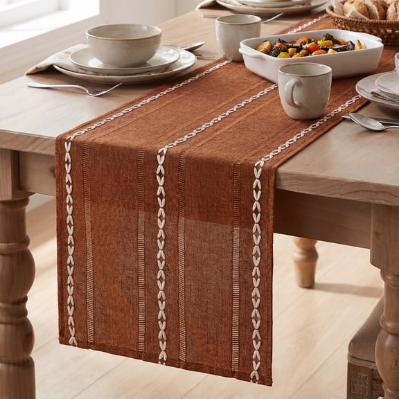 Sm:)e Linen Fall Table Runner for Dining Table 12 x 72 inch Caramel Linen Style Rustic Farmhouse Hollow Kitchen Dining Room Decoraton