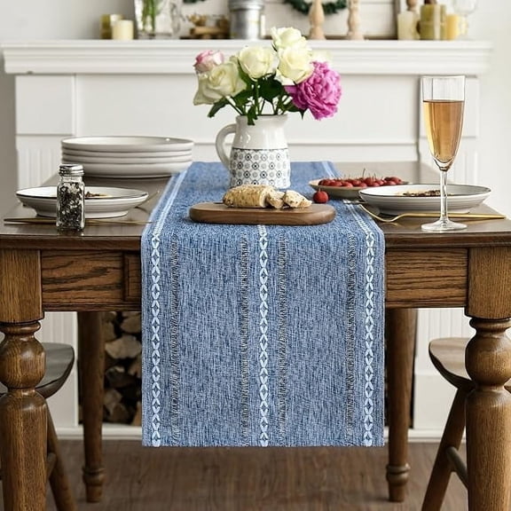 Sm:)e Linen Table Runner for Dining Table 13 x 90 Inch Blue Burlap Linen Style Rustic Farmhouse Kitchen Dining Room Decoraton